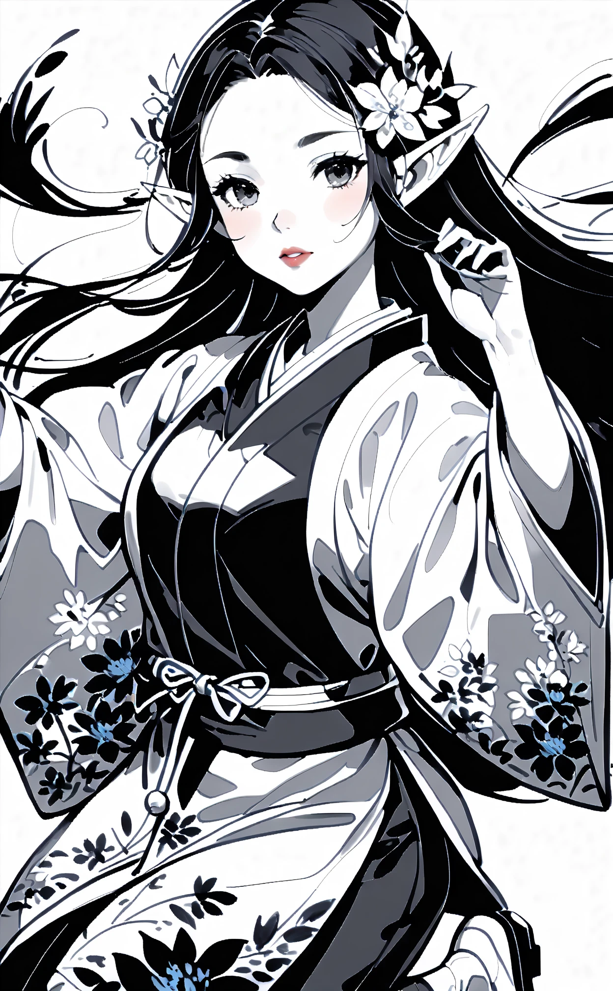 A woman with long black hair, a flower on her hair, a black short-sleeved skirt, a flower on the other side as the background, a full moon and dark night, expressionless face, bust shot, rough expressive lines, expressive lines, dark lines, dense lines, strong line work, masterpiece, best quality, super fine, extremely delicate and beautiful, horror manga, inspired by Junji Ito, Junji Ito's artistic style, hand-drawn, character focus, extremely fine,