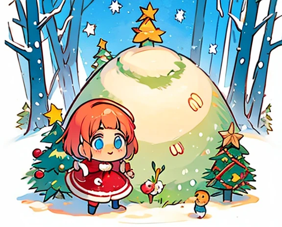  christmas illustration,   Cute Designs , The most beautiful woman. ，Chibi,  owl under guard， Colorful and Cute  、Christmas scenery，Christmas food ，