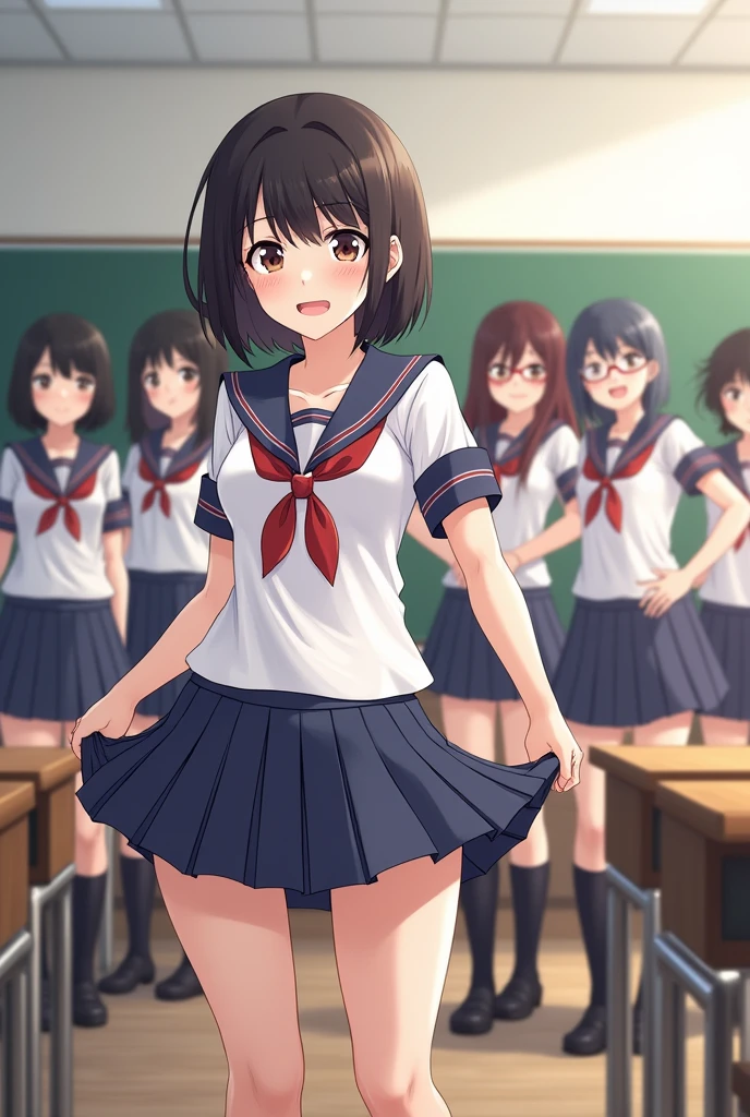 (8K、RAW photo、highest quality)、detailed background、beautiful and detailed face、beautiful and smooth skin、skin texture、professional lighting、Beautiful teenage girl、Cute beautiful Iful Girl、((4 beautiful girls))、Changing clothes in a school classroom、cute hairstyle,(big breasts:1.3)、cute underwear、sexual expression、sailor suit、Plaid pleated mini skirt、pantyhose、touching the chest、playfully hug each other、Play around, laugh and have fun、Pull Panties、Pose with hands together in front of the chest、You can create a sense of cuteness and tension..。
Gesture of supporting cheek with hand、You can create cute expressions。
When you lightly put your fist on your mouth、Can express loveliness and shyness.。
the movement of turning the legs slightly、You can show off your cuteness and energy..。
If you spread your arms out to the side、Can give a soft and cute impression。