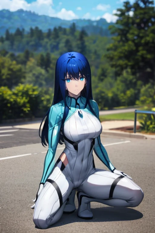 Aero（Marvel）, One Girl ,anime,Ufotable style ,solo, long hair, blue eyes, Big Breasts , black hair, blue hair, white bodysuit, on the roof,blue sky,one knee raise ,Showing off legs,smile, stares at viewers in the falling forest, from the side, look down,