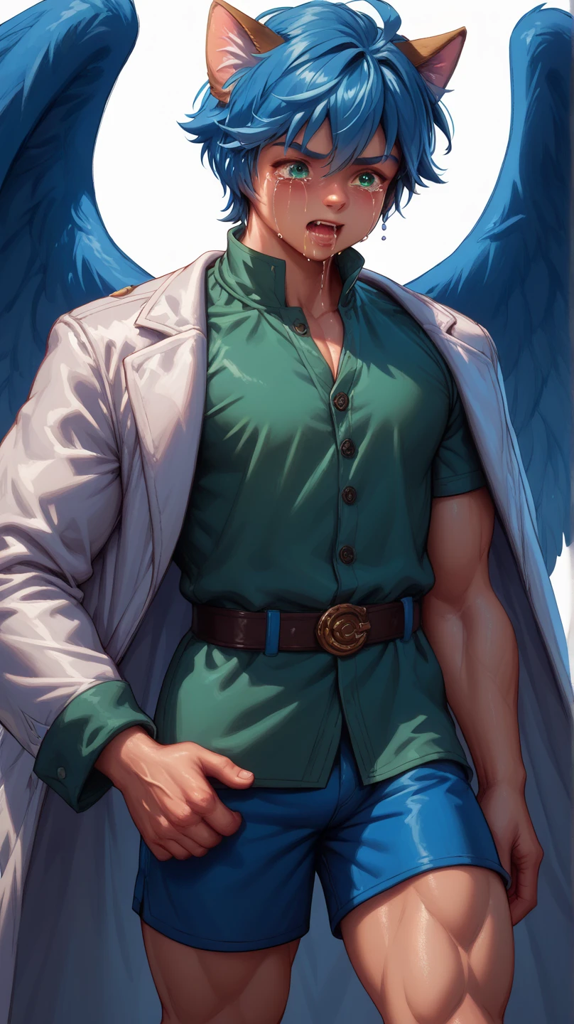 ((Boy with blue hair and cat ears )), I'm wearing a white coat,Leon,leon,Shota,Shorts, , ANATOMICALLY CORRECT , ((( 8K resolution ))),young boy, He has a thick dictionary in his hand , trained muscles like a bodybuilder, Very Big Muscles , big wings, Thick chest peeking out from her chest , green shirt ,gigantic penis,Crying face, drool a lot,hyper muscle,