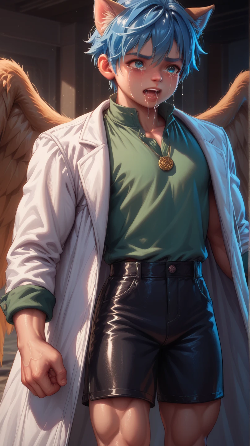 ((Boy with blue hair and cat ears )), I'm wearing a white coat,Leon,leon,Shota,Shorts, , ANATOMICALLY CORRECT , ((( 8K resolution ))),young boy, He has a thick dictionary in his hand , trained muscles like a bodybuilder, Very Big Muscles , big wings, Thick chest peeking out from her chest , green shirt ,gigantic penis,Crying face, drool a lot,hyper muscle,