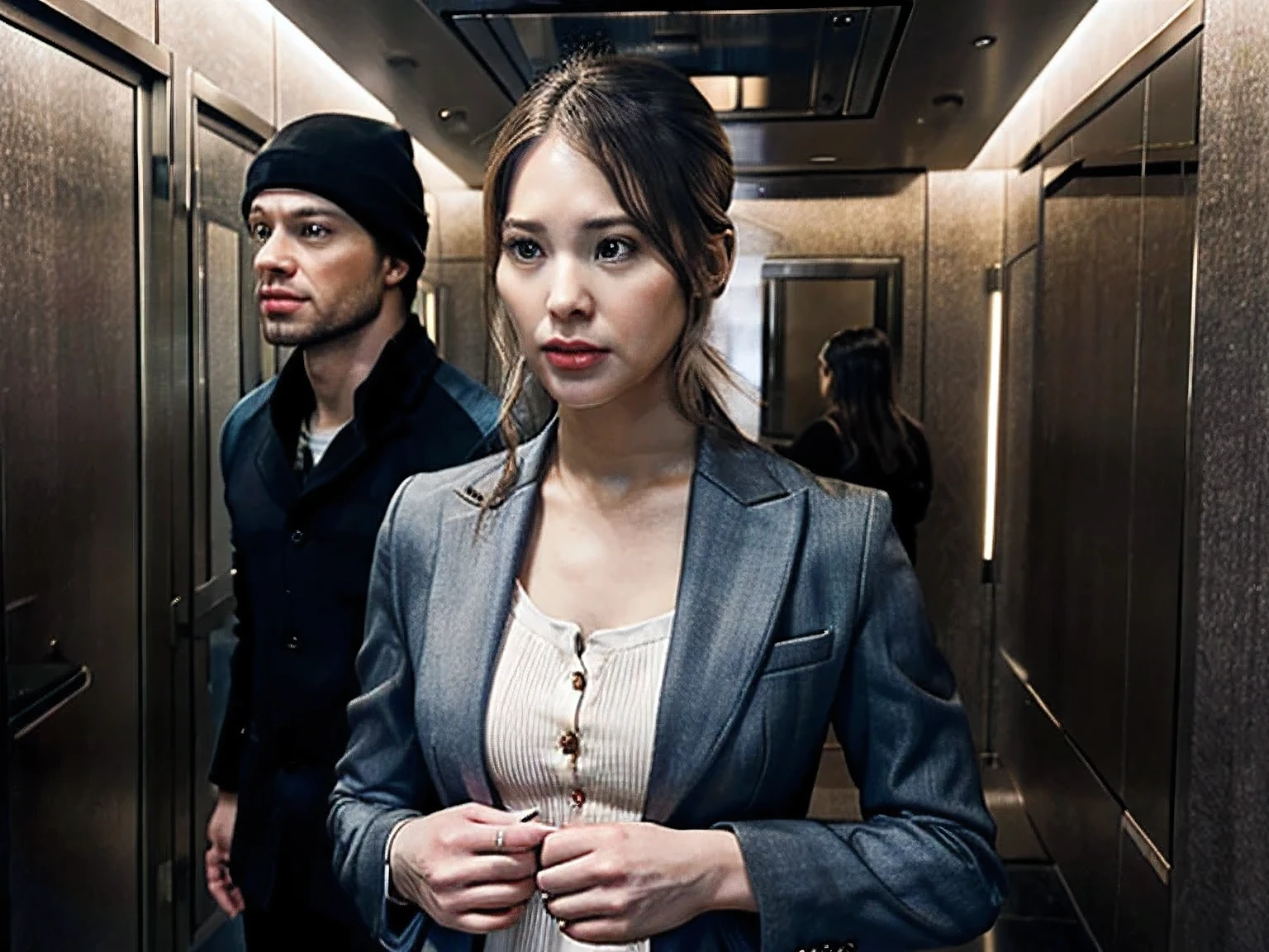 Scene Description: A malfunctioning elevator in a modern skyscraper. The lighting is dim, with a flickering broken bulb. Jennifer, dressed elegantly and carrying a briefcase, stands next to Jay, who glances at her with a suspicious smile.
Atmosphere: A tense and uncertain mood. Details like illuminated buttons and floor numbers frozen mid-operation add to the scene's discomfort.
Expressions: Jennifer appears anxious, while Jay tries to act calm but gives off a strange, unsettling vibe.