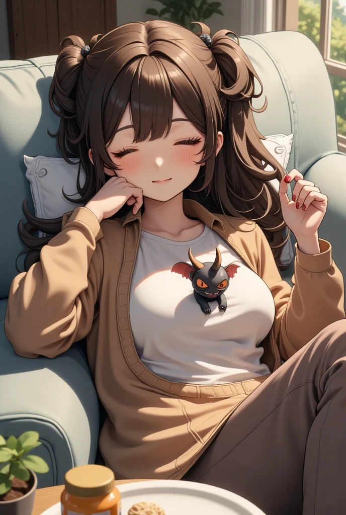 A woman dozing off on the sofa, a cute little demon sitting on her chest and waving with a smile, cute dream-like illustration art, ultra detailed, absolutely resolution, masterpiece