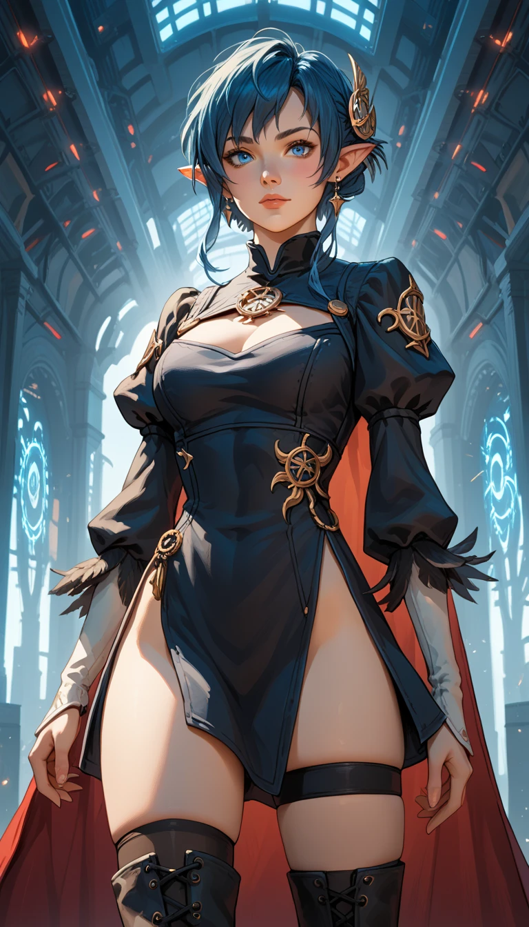 Score_9, score_8_up, score_7_up, source_anime, ((rating_safe)), rena lanford, 1woman, dynamic expression, blue hair, short hair, blue eyes, pointy ears, crescent hair ornament, red cape, tomboy style black dress, feather-trimmed sleeves, stiletto thigh boots, lace trim, long sleeves, micro miniskirt with high slit, (panty shot), thigh straps, ((skindentation)), (spell casting:1.26), contrapposto stance, dynamic action poses, indoors high-tech spaceship background, d3t41l3d, 2b_outfit