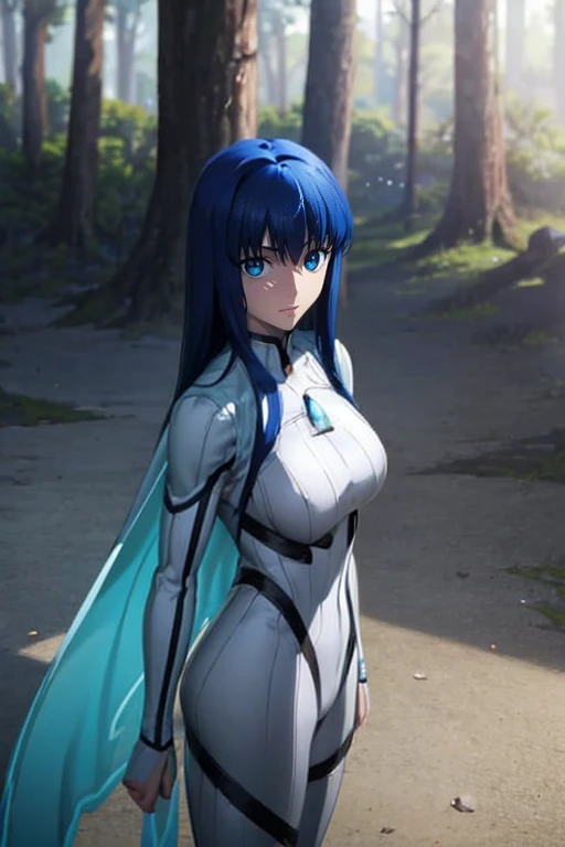 Aero（Marvel）, One Girl ,anime,Ufotable style ,solo, long hair, blue eyes, Big Breasts , black hair, blue hair, white bodysuit,,blue sky,smile, stares at viewers in the falling forest, from the side, extends hands,Aerial