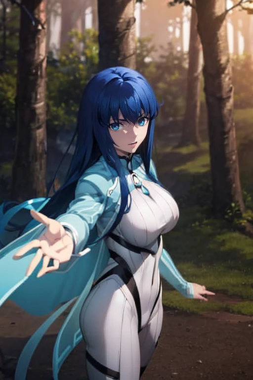 Aero（Marvel）, One Girl ,anime,Ufotable style ,solo, long hair, blue eyes, Big Breasts , black hair, blue hair, white bodysuit,,blue sky,smile, stares at viewers in the falling forest, from the side, extends hands,Aerial