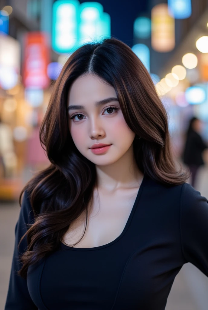 (((Desi Girl))),
, chubby face, Natural Skin, Wearing a hot deep necktop and dupatta, Attractive black hair, ((The ends of the hair are blonde)), city street background, Bokeh