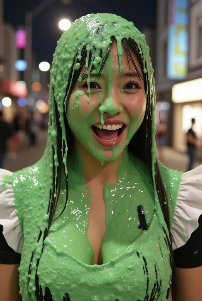 Amateur photograph. Korean teen covered in green water. Photorealistic. Wet liquid. Nasty slime. Raw photo. (Wearing maid uniform: 1.3). Cleavage. outside Tokyo. Nighttime. Bokeh. Green Slime. Dripping green goo. 18 years old. Wet green liquid. Snap and shoot photograph. Slight over exposure. Flash photography. Korean girl. (Korean teen girl: 1.1). Black hair.