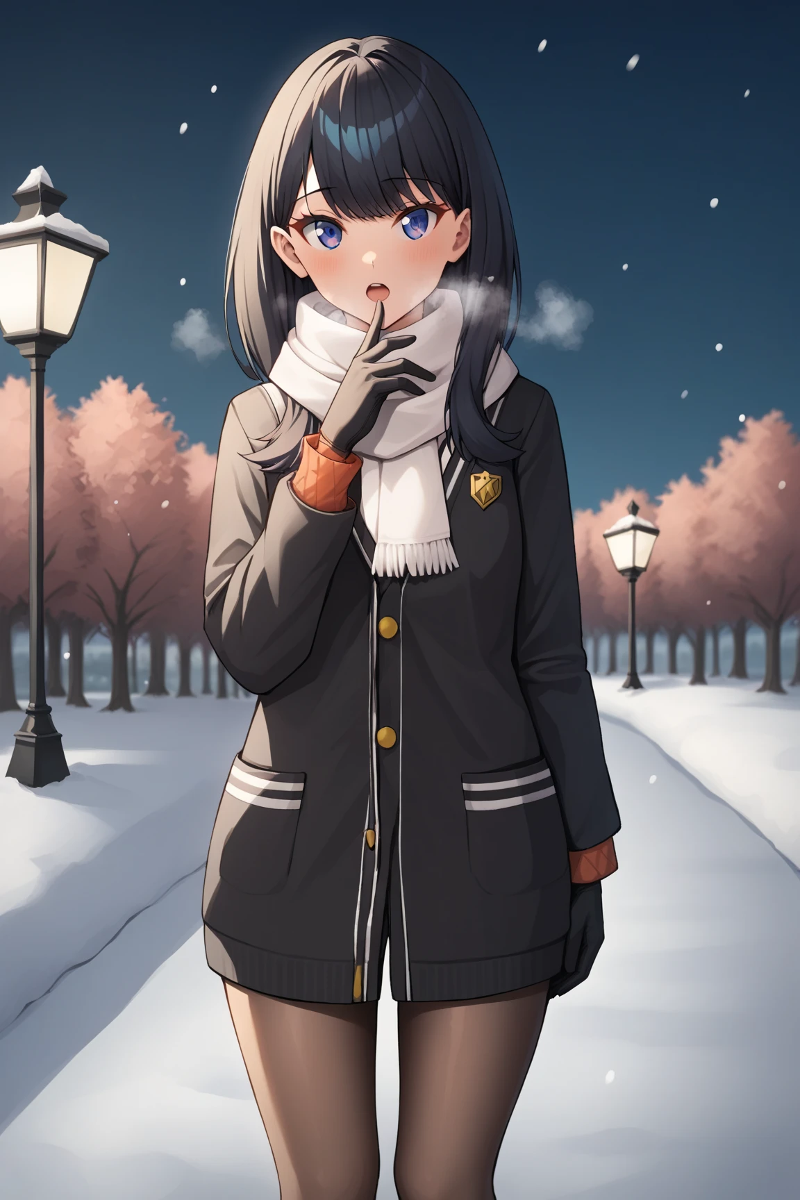 score_9,score_8_up,score_7_up, source_anime, winter, snow, snow field, (((outdoors))), (((park))), night, looking_at_viewer, red cheek, open mouth, She is breathing to white breath has both hands on mouth, knit black gloves, knit white scarf, takarada_rikka, standing, 1girl, solo, black Parka, black Overcoat, pantyhose, thighs, masterpiece, best quality, very aesthetic, ultra detailed, absurdres, 