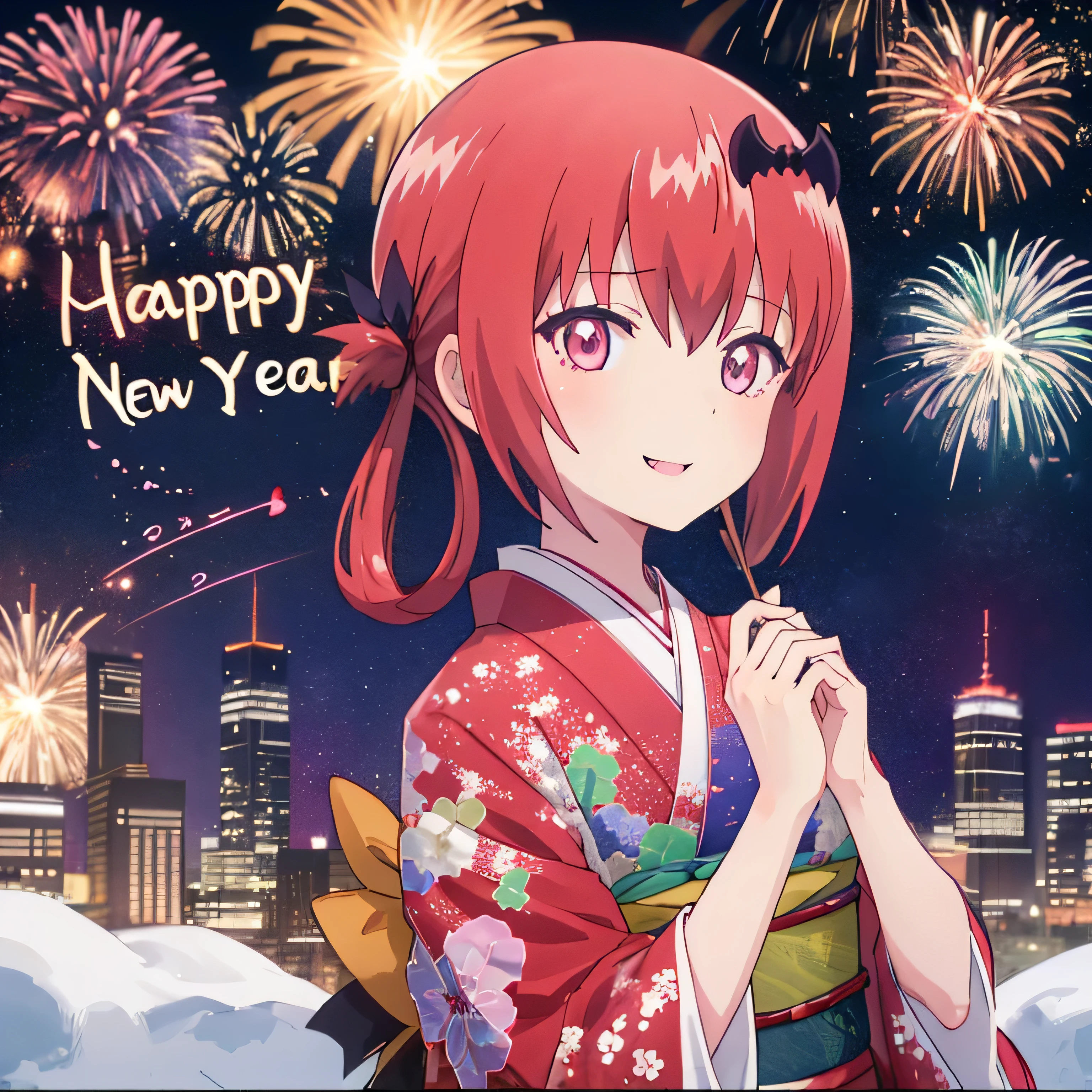  new year
Night sky fireworks in the sky 
Satanichia McDowell celebrating New Year
dressed in Japanese kimono clothes (Women)

Magenta eyes
and long red hair tied with 2 pigtails

Beautiful smile lonely girl
detailed hands and arms  