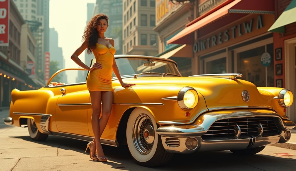a picture of a female model wearing an evening dress ((lifting a car: 1.5)), glamorous model woman, black hair, long hair, wavy hair, beautiful green eyes, she wears a ((yellow evening dress: 1.5)), elegant, intricate detailed dress, silk dress, small cleavage, she wears elegant knee high heeled boots, exquisite knee high heeled boots, lifting a ((sports car: 1.5)), in a cyberpunk street an night background, moon, stars, lamp light, (Masterpiece: 1.5), 16k, highres, best quality, high details, ultra detailed, masterpiece, best quality, (extremely detailed), LU