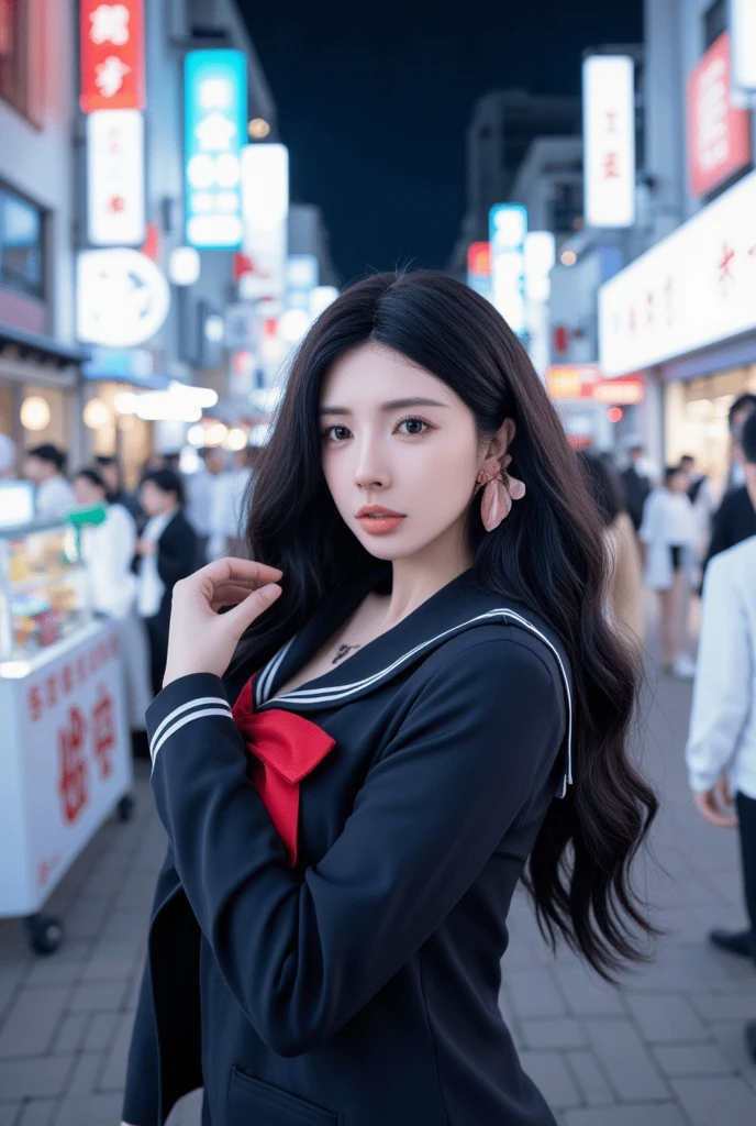 A beautiful woman in gyaru makeup wearing school uniform on the bustling streets of Gintama, surrounded by vendors, beautiful portrait of a stunning goddess girl, beautiful detailed face, porcelain skin, half body shot, centered,(black hai,navel:1.2),((moonlight,night,big neons,strong neon lighting,rim lighting,two tone lighting))),