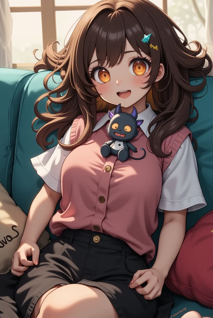 A woman dozing off on the sofa, a cute little demon sitting on her chest and waving with a smile, cute dream-like illustration art, ultra detailed, absolutely resolution, masterpiece