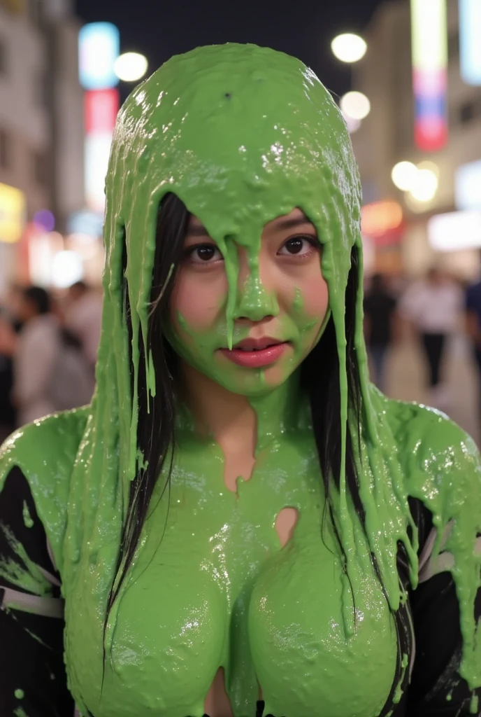 Amateur photograph. Korean teen covered in green water. Photorealistic. Wet liquid. Nasty slime. Raw photo. (Wearing maid uniform: 1.1). Cleavage. outside Tokyo. Nighttime. Bokeh. Green Slime. Dripping green goo. 18 years old. Wet green liquid. Snap and shoot photograph. Slight over exposure. Flash photography. Korean girl. (Korean teen girl: 1.1). Black hair.