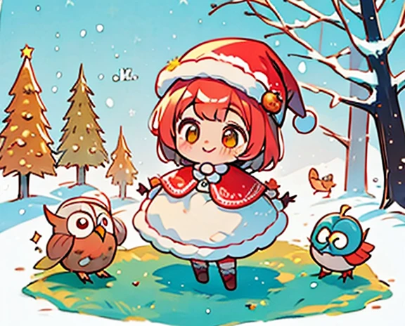 masterpiece:1.2， top quality ， high res，8ｋ， Detailed Description ， christmas illustration,   Cute Designs , The most beautiful woman. ， owl under guard，Chibi,  Colorful and Cute  、Christmas scenery，Christmas food ，