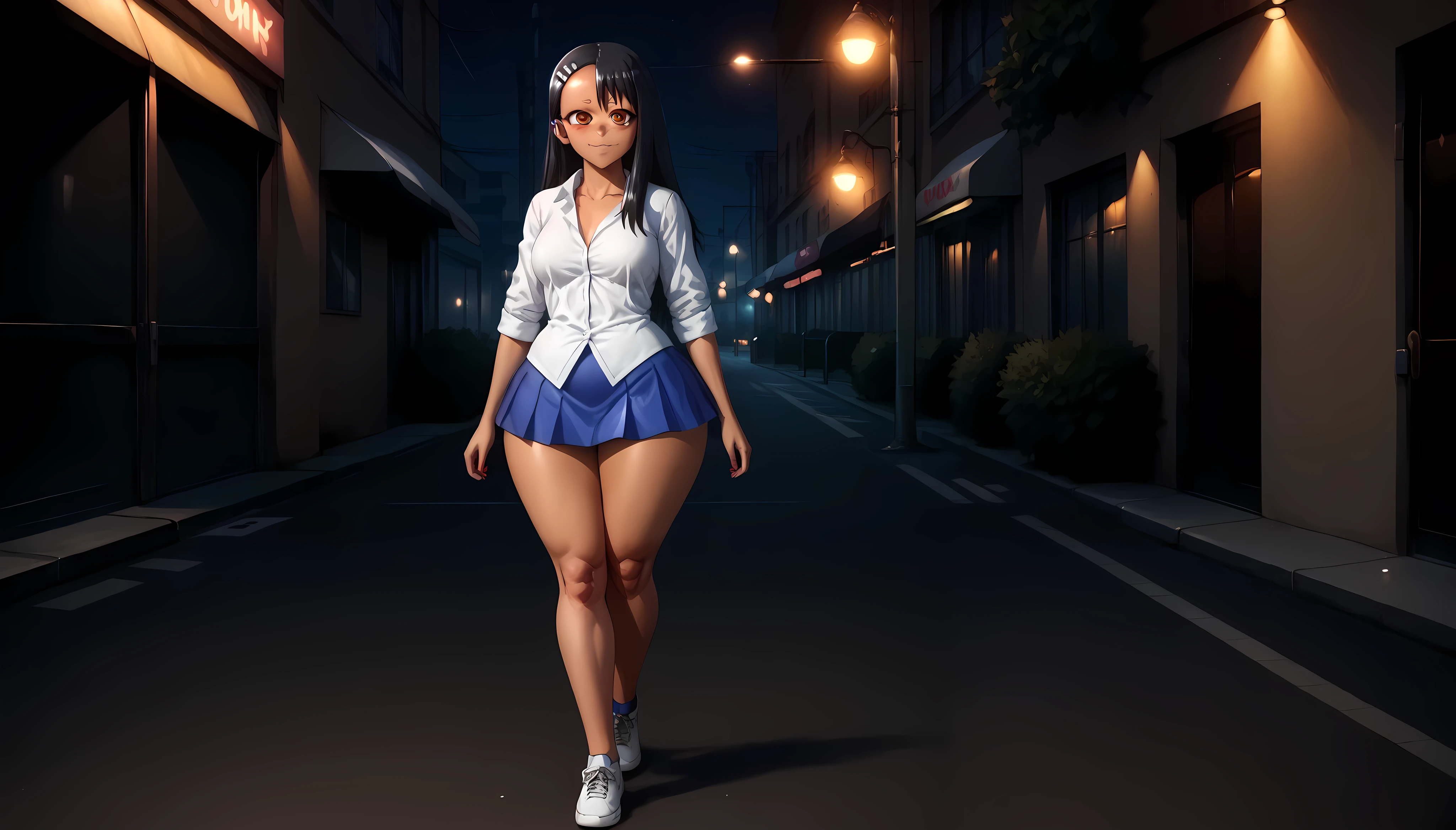 best quality, high rating, (((Nagatoro))), 1girl, giantess the size of a skyscraper, big breasts, wide fat thighs, massive ass, chubby cheeks, round chin, fat arms, deep belly button, (ultra tight white button-up shirt), sleeves rolled up, shirt collar unbuttoned, open chest, navy blue mini skirt, white sneakers, straight black hair pinned to the right side with a pair of white hair clips, brown eyes, ((flirting)), walking on a busy european city street filled with people at night, perfect ambient lighting, ((ultra detailed realistic anime style)), ((deep dark shadows)), insanely detailed, masterpiece, hyper resolution, beautiful, (bodyexpansion), (looking at viewer with interest)
