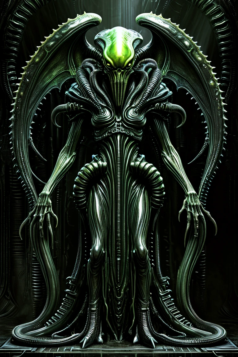 Demon、 full body image 、H.r.Giger 、 Cthulhu monster、 steampunk、 evil villain 、 horrible 、Disgusting appearance 、skull face、 unknown life form 、 full body image 、 dark back ground 、digital image 。