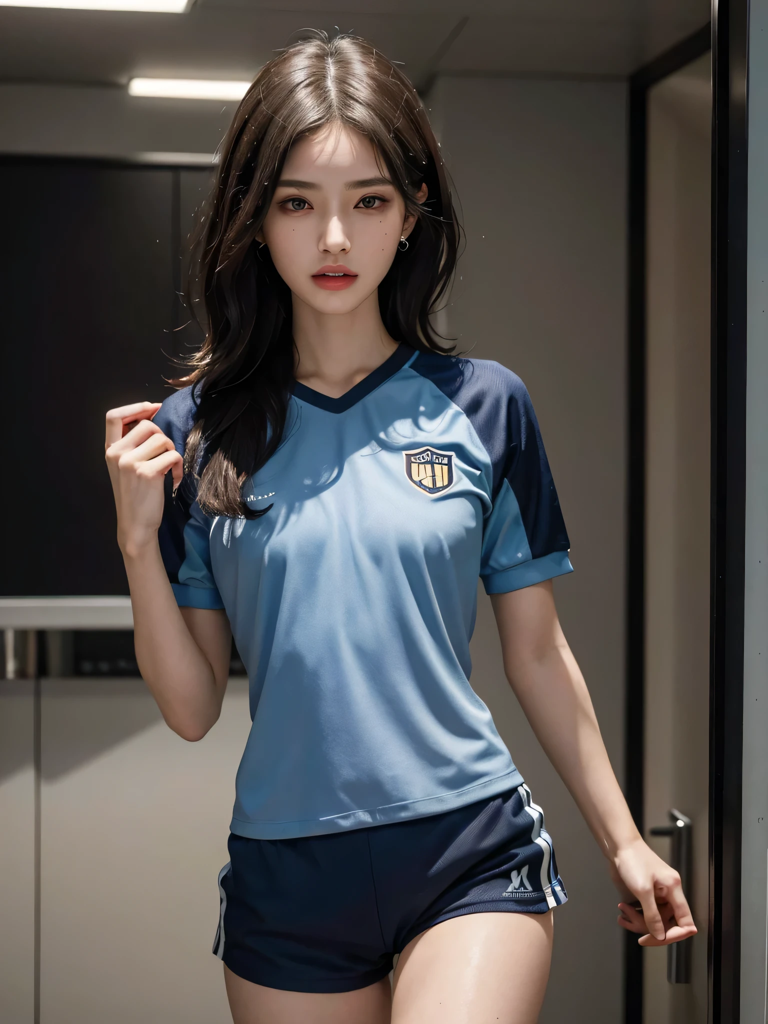 (8k, RAW Photos,highest quality, High resolution:1.1), (Super realistic:1.4),(Realistic, Realistic:1.3),Japanese beauty.Upper Body、Soccer Team - sleek soccer jerseys and comfortable shorts.