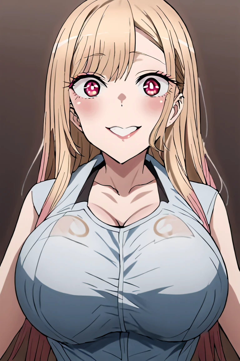   1 girl,Kitagawa Marin,Big Breasts,  blondes,  pink hair,  red eyes,Alone, masterpiece,  Glittering Skin ,   super detailed skins,   shiny hair,   long hair,  glamorous,   charming smile  ,  steam,  hollow eyes,   breasts that fit up to the thighs  ,Shaking breasts, grabs the breast, my uncle can take over my body,Possession,Possessed 