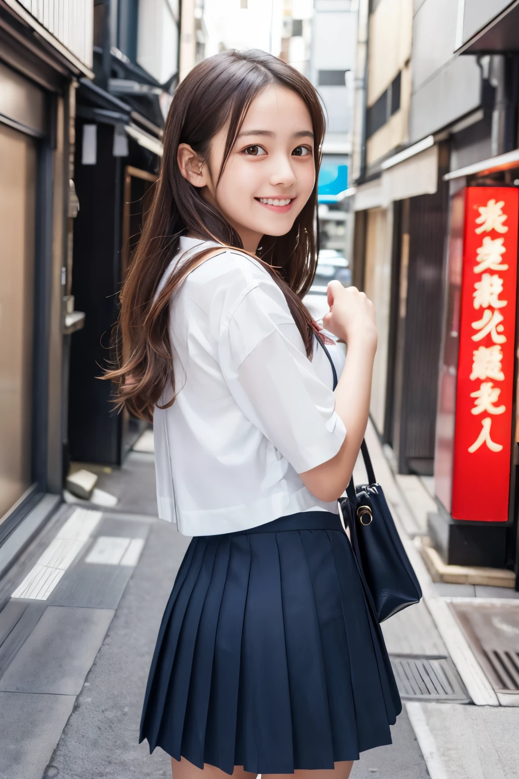 1 young girl,very cute and beautiful japanese teen actress,highly detailed beautiful face,
looking at viewer,smile,happy,white blouse,ribbon,pleated plait mini skirt,detailed legs,school bag,
narrow alley in tokyo,stone wall in front of modern building,pink hotel signage,trees,shrubbery,solo,real person,photorealistic,8k,raw photo,