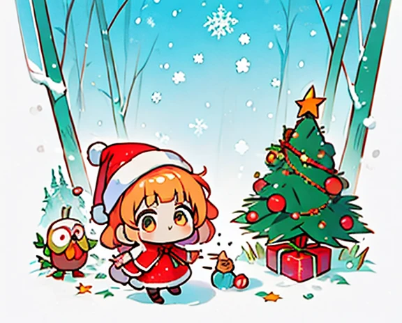 masterpiece:1.2， top quality ， high res，8ｋ， Detailed Description ， christmas illustration,   Cute Designs , The most beautiful woman. ， owl under guard，Chibi,  Colorful and Cute  、Christmas scenery，Christmas food ，