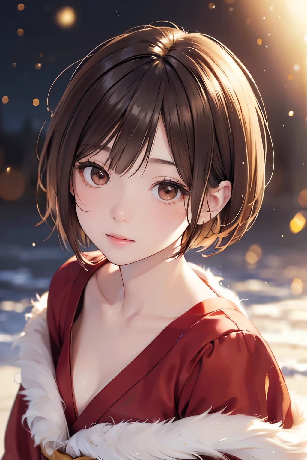  top quality ,  face focus,  soft light,  super high res, ( photo realistic:1.4),  RAW photos ,  1 Japanese Girl , solo, cute, ( shy smile :0.5), ( brown eyes,  light in the eyes ),  detailed and beautiful face , ( small breasts), ( high resolution detail of human skin texture), ( short bob hair), night, night空,  Santa Claus Clothes, Santa clothes, red clothes,