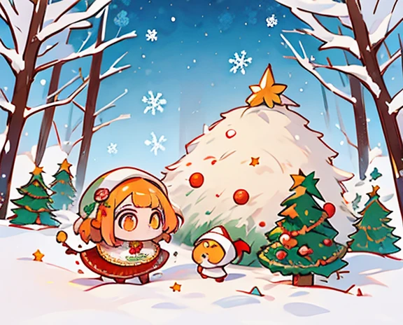 masterpiece:1.2， top quality ， high res，8ｋ， Detailed Description ， christmas illustration,   Cute Designs , The most beautiful woman. ， owl under guard，Chibi,  Colorful and Cute  、Christmas scenery，Christmas food ，