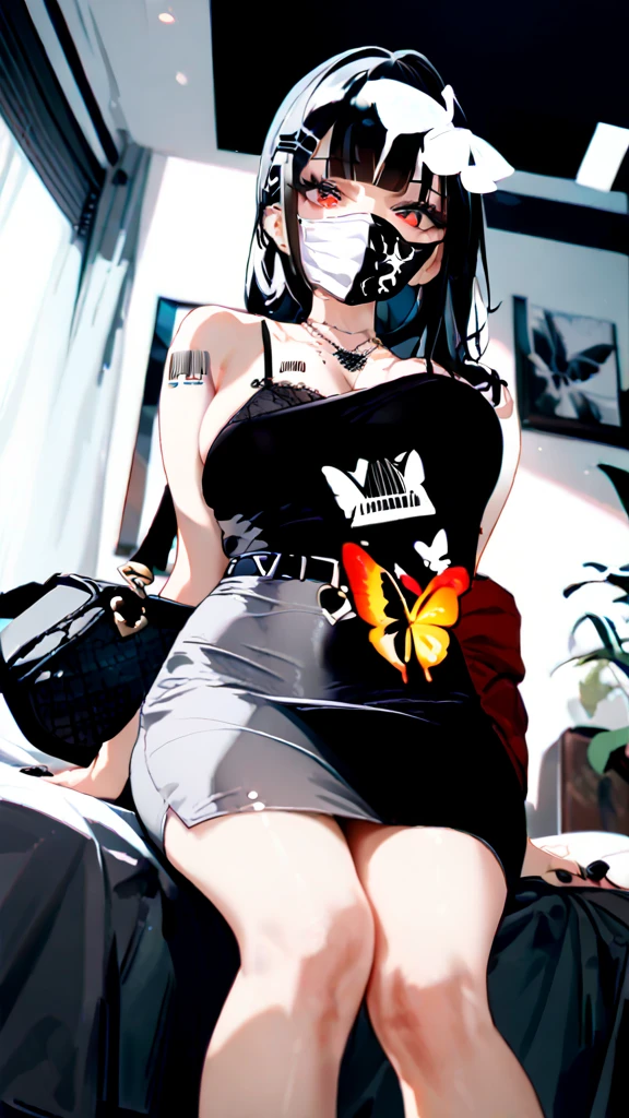 score_9, score_8_ up, score_7_ up,  Source_Anime,  One girl , Alone, indoor,  bed,  sitting,  cowboy shot,   viewers,  pubic skin, d_Kwe ,  red eyes,  black hair,  long hair, side lock, blunt bangs,  hair clip,  hair accessories, breast tattoo,  barcode tattoo  ,   Arm Tattoo  , Butterfly Tattoo,  gray dress ,  dongtan dress , pencil dress, spaghetti strap,  clevis on a stone,  black bra,  a sneak peek at a bra ,  cardigan , Bare shoulders,  off-shoulder,  Long Sleeve , Black nails,  nail polish, slippers,  toeless footwear ,  necklace,  black mask ,  neck mask , Black Bag, from below, arm s upport, close- up