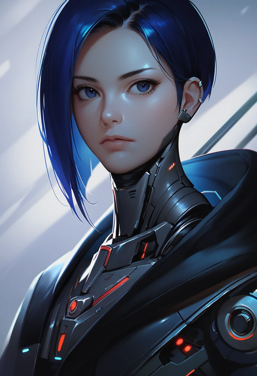 One woman, mature, anime, female anime character, dark eyes, expressionless, black short spiky hair, sharp face,artificial skin, black slim mechanical body frame, small chest, black cloak, elster, cyborg , mechanical jaw, mechanical neck, robotic, detailed anime character art, dark, facing center, close-up portrait, sharp focus, zPDXL3.