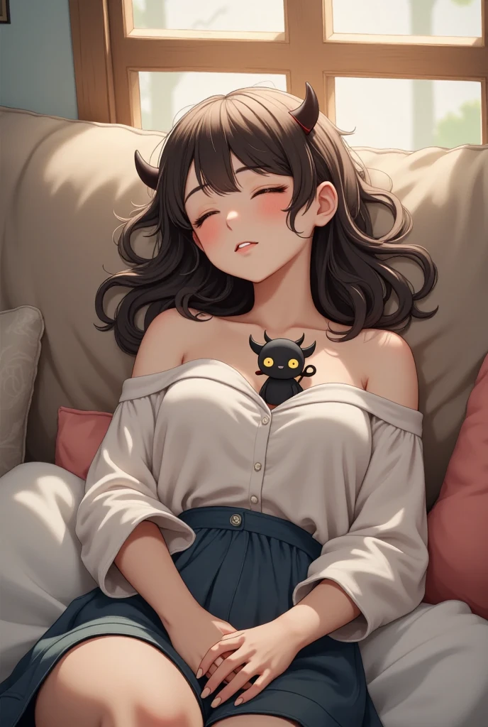 A woman dozing off on the sofa, a cute little demon sitting on her chest and waving with a smile, cute dream-like illustration art, ultra detailed, absolutely resolution, masterpiece