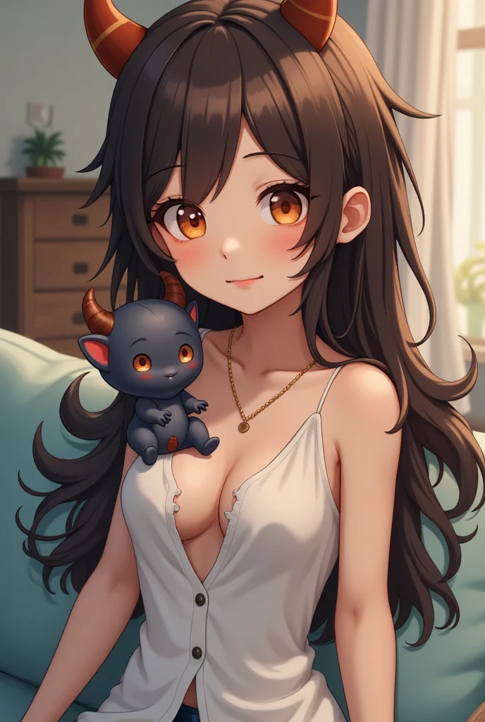 A woman dozing off on the sofa, a cute little demon sitting on her chest and waving with a smile, cute dream-like illustration art, ultra detailed, absolutely resolution, masterpiece