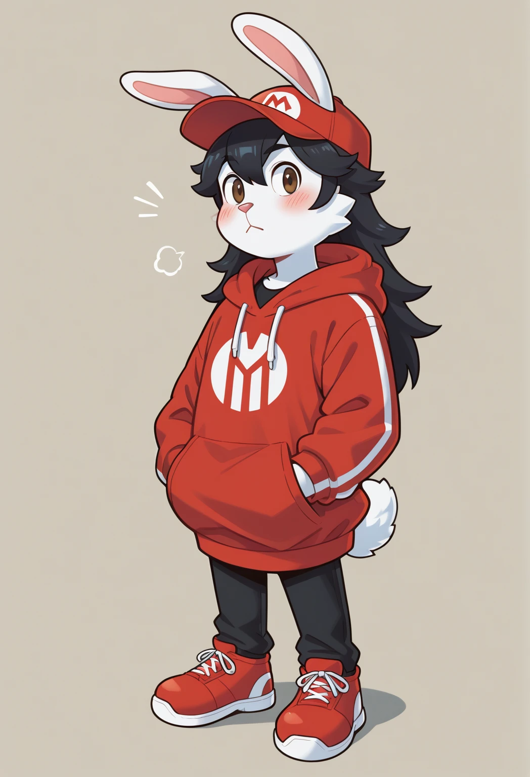 masterpiece, best quality, expressive eyes, perfect face, , furry bunny, white fur, bunny tail, white bunny ears, solo, surpriced, blushed, black hair, long hair, red baseball cap, black shirt, red hoodie, black sports pants, red sport shoes, brown eyes, full body, in a magic forest, male bunny, standing up, male, Mario 2D art style,