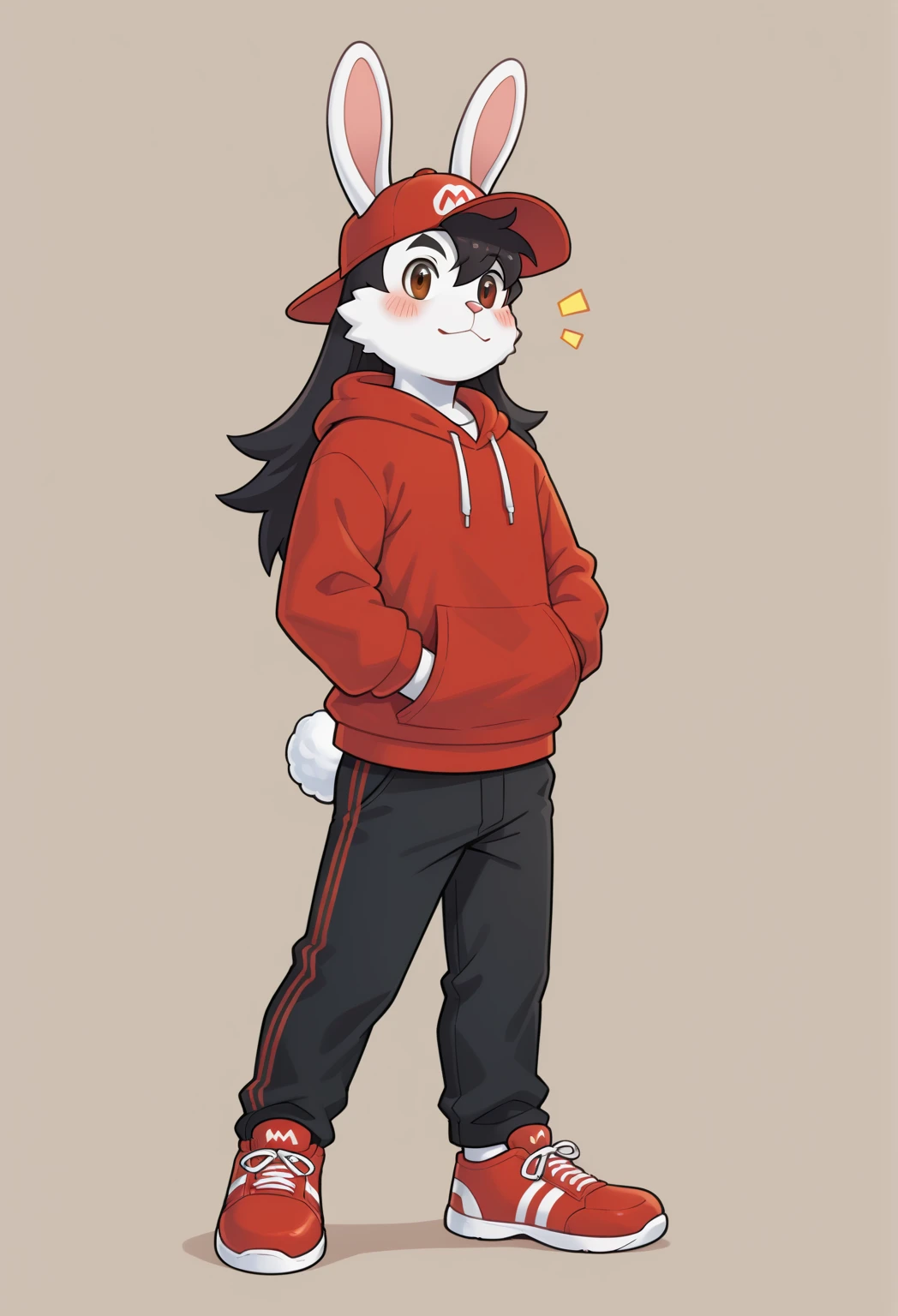 masterpiece, best quality, expressive eyes, perfect face, , furry bunny, white fur, bunny tail, white bunny ears, solo, surpriced, blushed, black hair, long hair, red baseball cap, black shirt, red hoodie, black sports pants, red sport shoes, brown eyes, full body, in a magic forest, male bunny, standing up, male, Mario 2D art style,