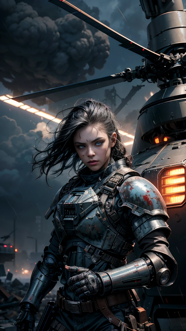  Post-apocalyptic combat scene with a beautiful hyperrealistic photo of a young boy with black hair and blue eyes, ((dirty face,  blood-splattered )), ((( wearing full heavy mechanical armor , Combat harness,  neon highlights ))) Short red dreadlocks,  fighting pose, (((Holding on board a sci-fi combat helicopter ))), The exterior of the destroyed building, fires, smoke, debris, Camouflage Net, ammunition boxes , rain, Stormy, Wet,  abstract beauty , Almost perfect, Pure Form,  complicated detail , post production 8k,  High definition, super detail,  is gaining popularity on artstation,  sharp focus,  studio photos ,  complicated detail ,  very detailed , by Greg Rutkowski