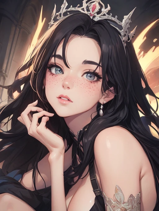 woman on her knees, black dress, glued, long and open on both sides of the legs. long black hair, golden crown on his head. thick thighs, most delicate facial features.