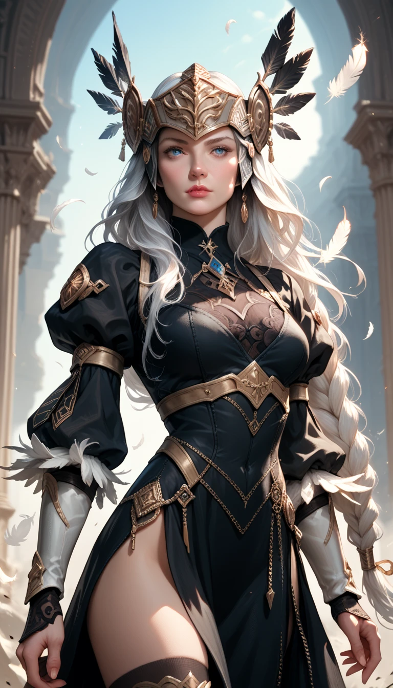 Score_9, score_8_up, score_7_up, source_real, photorealistic;; VPLenneth, 1woman, long hair, braid, white hair, blue eyes, armor, helmet, feathers, black dress, feather-trimmed sleeves, thigh boots , lace trim, long sleeves, 2b_outfit 