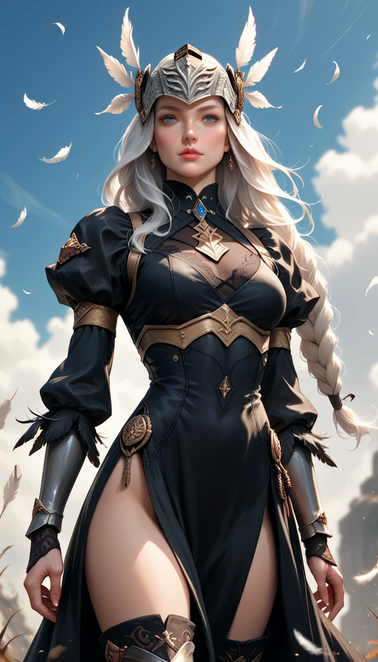 Score_9, score_8_up, score_7_up, source_real, photorealistic;; VPLenneth, 1woman, long hair, braid, white hair, blue eyes, armor, helmet, feathers, black dress, feather-trimmed sleeves, thigh boots , lace trim, long sleeves, 2b_outfit 