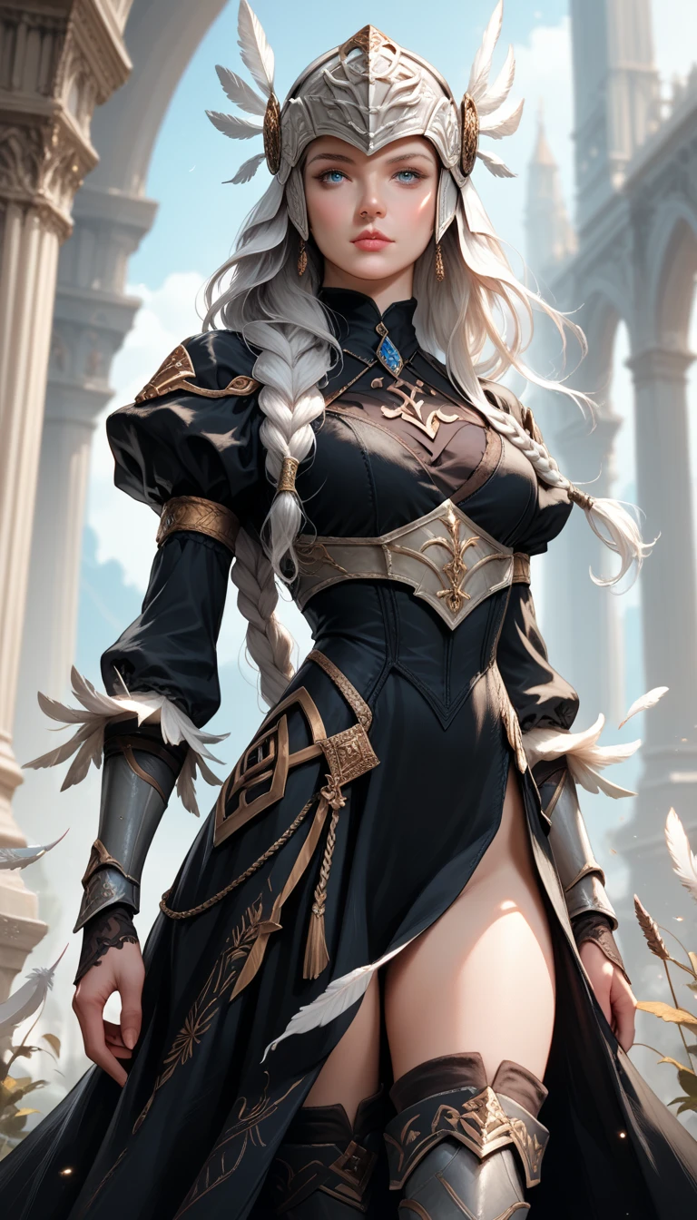 Score_9, score_8_up, score_7_up, source_real, photorealistic;; VPLenneth, 1woman, long hair, braid, white hair, blue eyes, armor, helmet, feathers, black dress, feather-trimmed sleeves, thigh boots , lace trim, long sleeves, 2b_outfit 