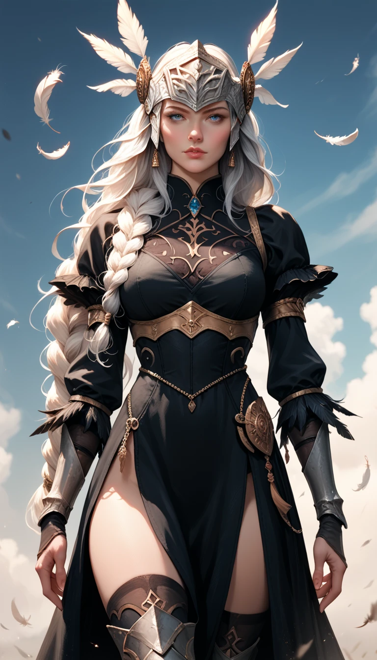 Score_9, score_8_up, score_7_up, source_real, photorealistic;; VPLenneth, 1woman, long hair, braid, white hair, blue eyes, armor, helmet, feathers, black dress, feather-trimmed sleeves, thigh boots , lace trim, long sleeves, 2b_outfit 