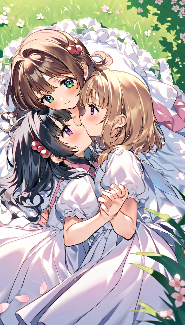 two women hug and kiss on  a green covered flooring surrounded by grass, multiple girls, kinomoto sakura, 2girls, daidouji tomoyo, yuri, petals, grass, long hair, blush, on side, lying, black hair, hair ornament, green eyes, brown hair, dress, purple eyes, white dress, short hair, loli, bangs, outdoors, hair bobbles, holding hands