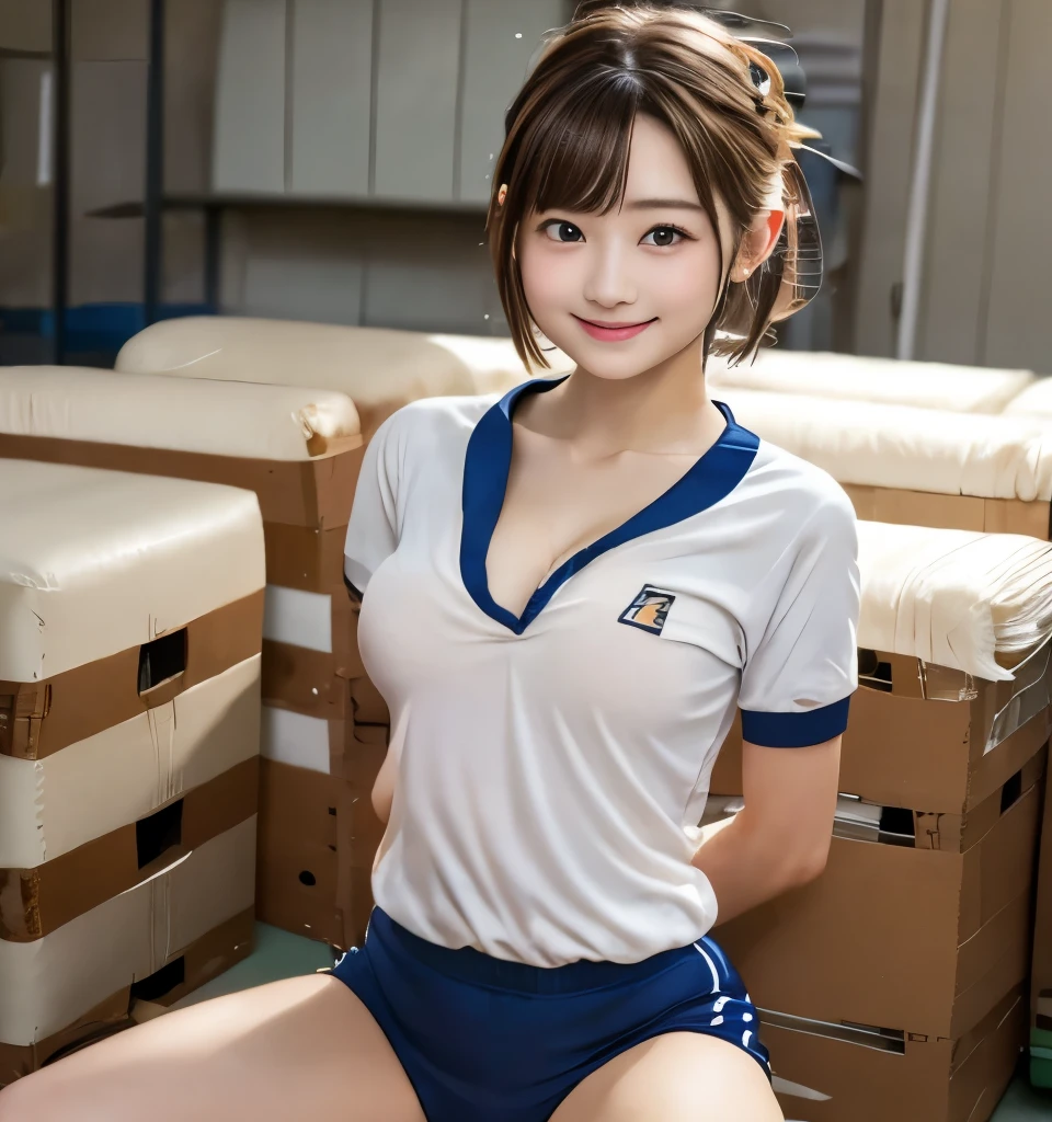 top quality、8k、    super high res  、    breakfast masterpiece    、Clear Photo、      professional lighting  、    RAW photo  、smile、(   in landscape   、    cute girl 、   Cute Yoda Yuki   、   Cutest )、、      Small face 、 smile 、(  I can see my cleavage        、 erect nipples     )、Ultra slim、     slender body、      Slim waist、      beautiful legs、( I'm wearing high school gym clothes :1.8、Wearing bloomers)、(Dimly lit gymnasium warehouse、Sitting in a jump box    、Sit in front of the camera、       open legs)、      very short hair :1.6、     Brown Hair