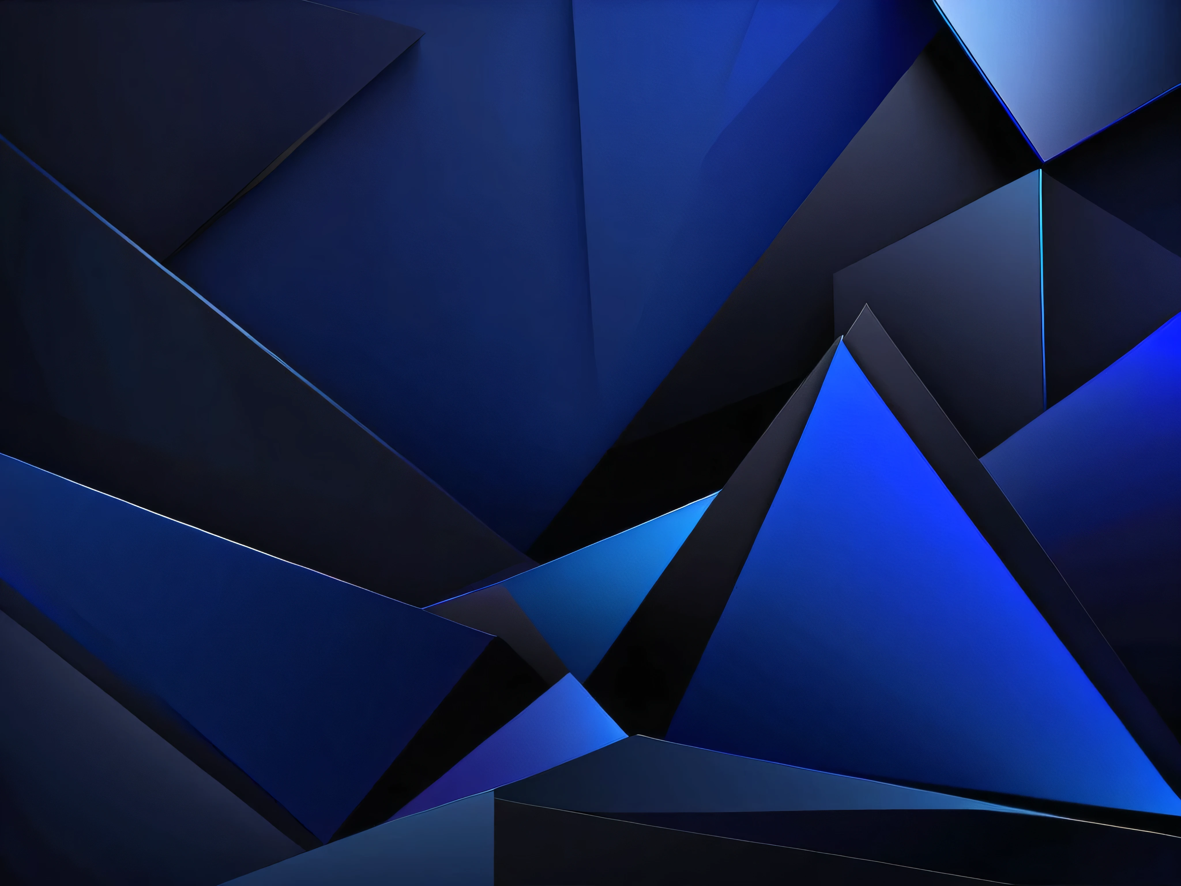 Create an abstract image featuring intersecting dark blue and black geometric shapes with gradients. The design should include overlapping triangular and rectangular forms, with subtle light effects and shadowing to create depth. The overall tone should be dark and moody, emphasizing sleek, modern aesthetics. Ensure smooth transitions between gradients and crisp edges for the shapes.