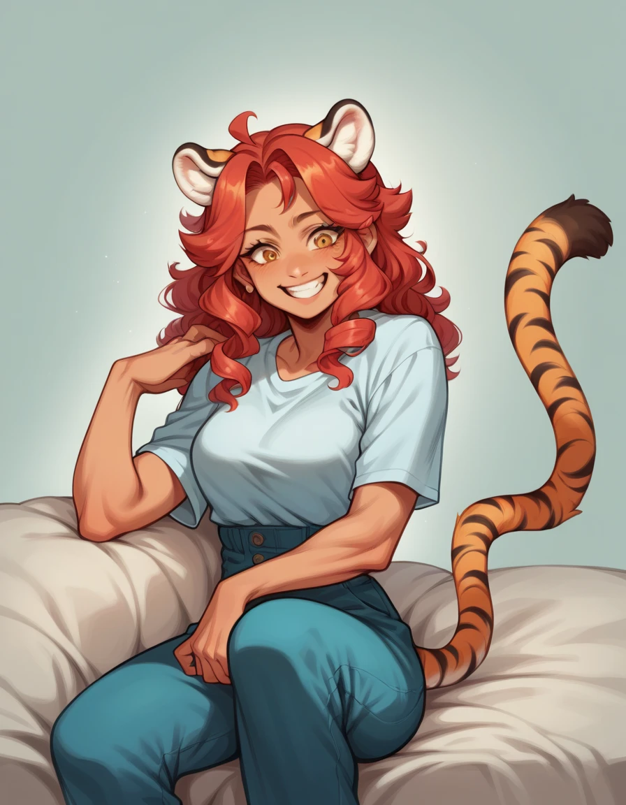 zPDXL, source_cartoon, 1girl, with thick, loose, flowing, long curly red hair, confident, kind, affectionate golden eyes, big smile that shows her teeth, trans woman's body, muscular effeminate body, has tiger ears on top of her head and a lively, agitated tiger tail. She wears biker-style clothes in earthy tones and is sitting on a comfortable sofa, we are in a cozy and quiet room.