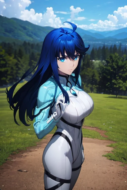 Aero（Marvel）, One Girl ,anime,Ufotable style ,solo, long hair, blue eyes, Big Breasts , black hair, blue hair, white bodysuit,,blue sky,smile, stares at viewers in the falling forest, from the side, extends hands,Aerial