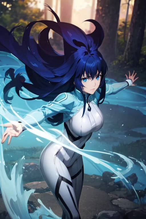 Aero（Marvel）, One Girl ,anime,Ufotable style ,solo, long hair, blue eyes, Big Breasts , black hair, blue hair, white bodysuit,,blue sky,smile, stares at viewers in the falling forest, from the side, extends hands,Aerial