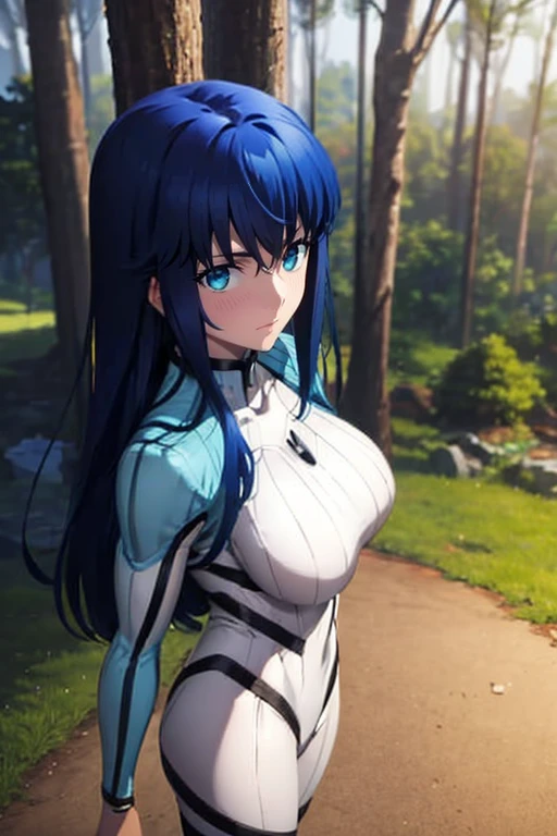 Aero（Marvel）, One Girl ,anime,Ufotable style ,solo, long hair, blue eyes, Big Breasts , black hair, blue hair, white bodysuit,,blue sky,smile, stares at viewers in the falling forest, from the side, extends hands,Aerial