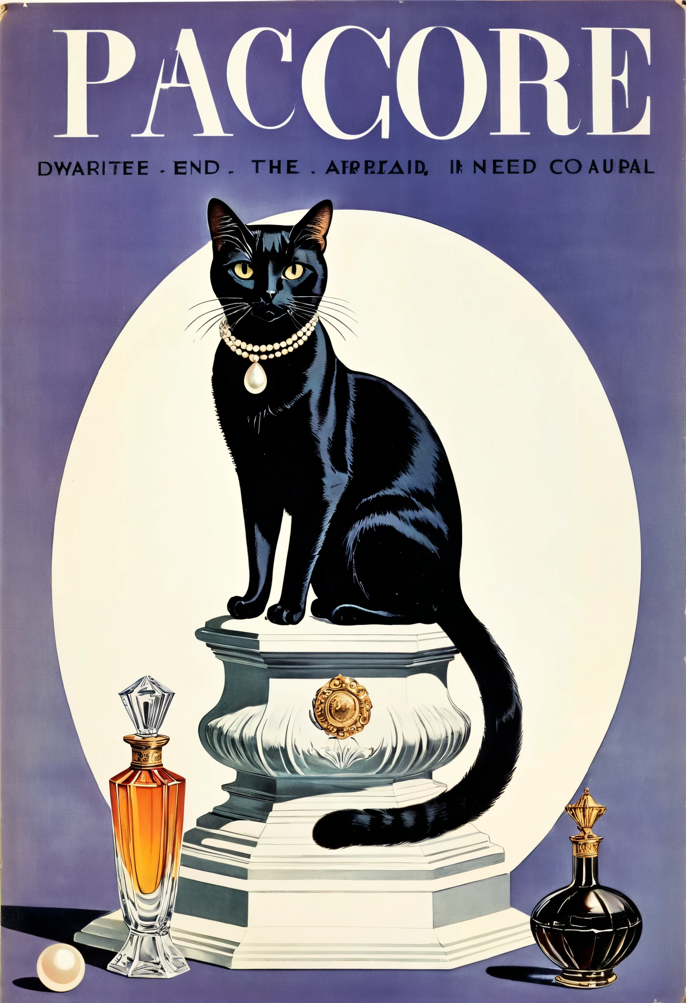score_9, score_8_up, score_7_up, score_6_up, score_5_up, score_4_up, hires, vector art, arafed black cat sitting on a pedestal with a pearl necklace, elegant cat, 1920s advert, 1960s advertisement, luxury advertisement, magazine advertisement, 1960s perfume bottle ads,