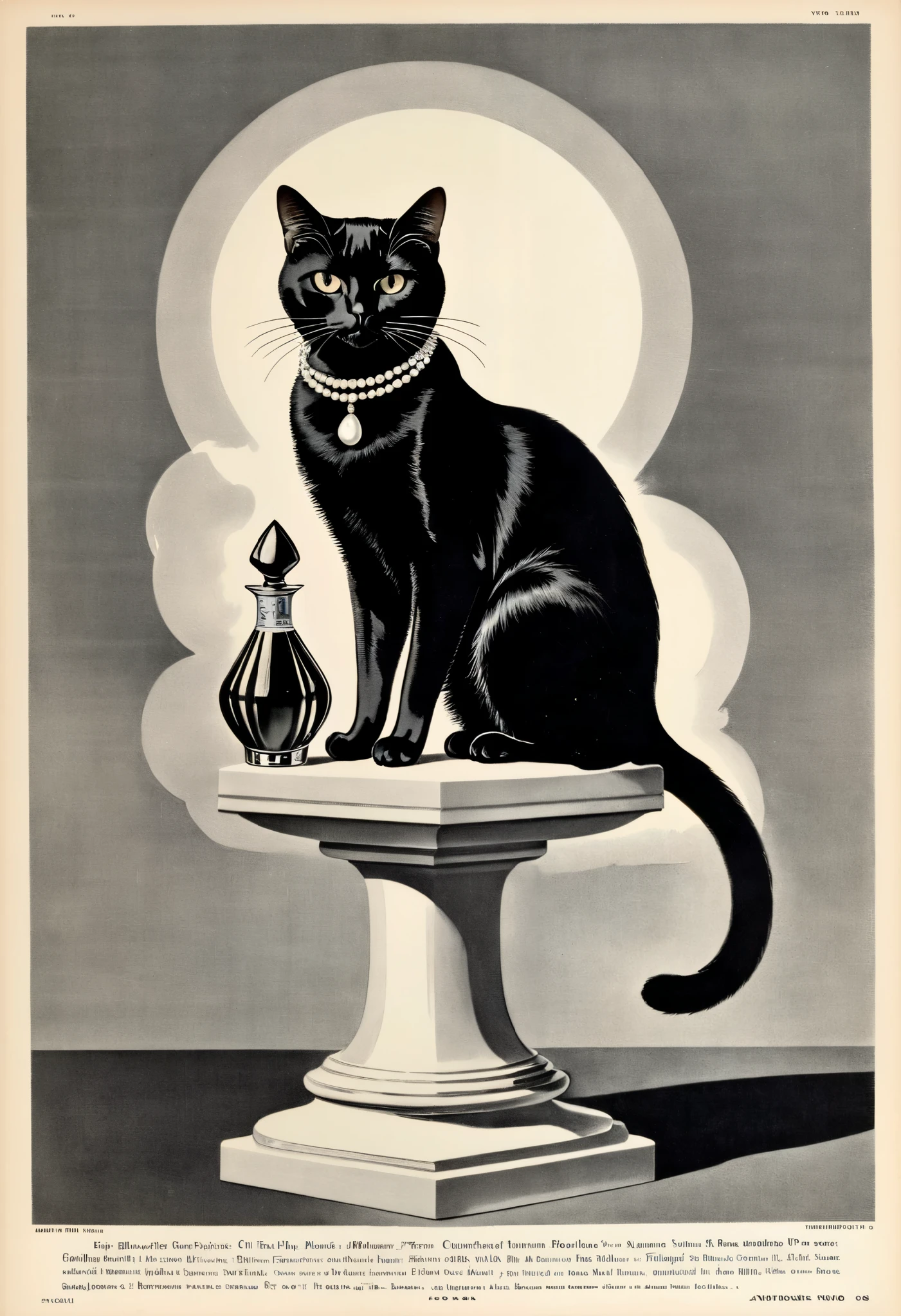 score_9, score_8_up, score_7_up, score_6_up, score_5_up, score_4_up, hires, vector art, arafed black cat sitting on a pedestal with a pearl necklace, elegant cat, 1920s advert, 1960s advertisement, luxury advertisement, magazine advertisement, 1960s perfume bottle ads,