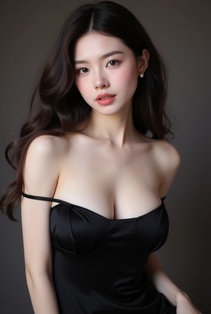 A young woman with pale skin and striking features, her beautiful face accentuated by pink lips, poses in a bold composition. She wears a provocative dress that emphasize her hourglass figure, particularly her impressive bust. The scene is illuminated with soft, flattering iPhone photo lighting, which captures every detail. Ray tracing enhances the subtle texture of her skin and the delicate folds of fabric. Capture her stunning figure from a medium shot, with a shallow depth of field to isolate her captivating beauty.